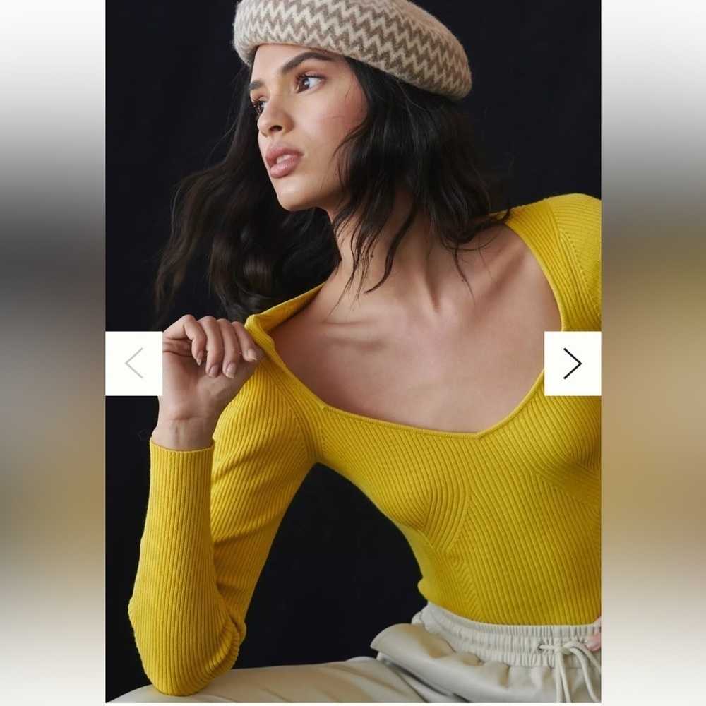Anthropologie Ribbed Sweetheart Neckline Sweater Size S Yellow